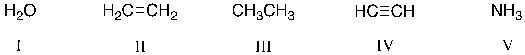 <strong>Rank the following acids in order of decreasing acidity. </strong> A) V > I > IV > II > III B) III > IV > II > I > V C) V > I > III > II > IV D) I > IV > V > II > III E) IV > I > V > II > III