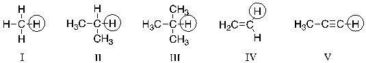 <strong>Which of the circled hydrogen atoms is the least acidic? </strong> A) I B) II C) III D) IV E) V