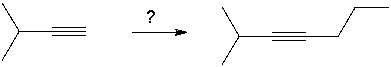 <strong>Which sequence of reagents will accomplish the following synthesis? </strong> A) 1. KOtBu; 2. 1-bromopropane B) 1. NaNH<sub>2</sub>; 2. 1-bromopropane C) 1. NaNH<sub>2</sub>; 2. 2-bromopropane D) 1. O<sub>3</sub>; 2. DMS E) 1. O<sub>3</sub>; 2. 1-bromopropane