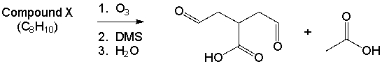 Compound X has molecular formula C<sub>8</sub>H<sub>10</sub>. Reaction of Compound X with excess ozone, followed by reaction with dimethyl sulfide and then washing with water produces only the compounds shown below. Draw a possibility for Compound X that is consistent with these results.