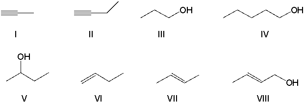<strong>The following sequence of reactions transforms acetylene into a compound with an altered carbon skeleton (compound 1), and from that into a compound in which the functional group has been changed (compound 2). Identify compounds 1 and 2. </strong> A) Compound 1 = I; Compound 2 = III B) Compound 1 = II; Compound 2 = III C) Compound 1 = VI; Compound 2 = IV D) Compound 1 = II; Compound 2 = IV E) Compound 1 = II; Compound 2 = V