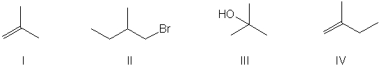<strong>Using retrosynthetic synthesis, determine which compound(s) could lead to the bromoalkene shown below in a single step. </strong> A) I or III B) I or IV C) I D) II E) III