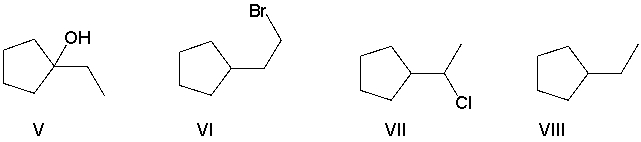 <strong>Perform a retrosynthetic analysis by working backwards two steps in the synthesis below. Identify possible combinations of A and B that could lead to the alkyl halide (C). </strong> A) B = I and A = VIII B) B = VI and A = I C) B = III and A = VII D) B = IV and A = VII E) B = V and A = VIII