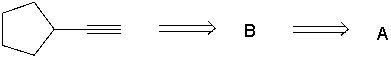 <strong>Perform a retrosynthetic analysis by working backwards two steps in the synthesis below. Identify possible combinations of A and B that can lead to the alkyne (C). </strong> A) B = I and A = VI B) B = VI and A = I C) B = III and A = VII D) B = IV and A = VII E) B = VI and A = VIII