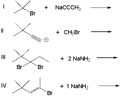 <strong>Which of the following effectively produces 4,4-dimethyl-2-pentyne? </strong> A) I, II, III, and IV B) II, III, and IV C) I, II, and III D) I, II, and IV E) I, III, and IV
