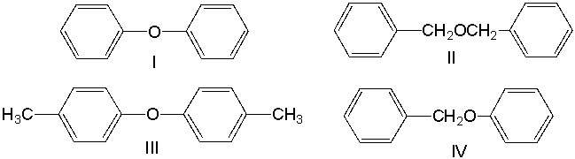 <strong>What is the correct structure for benzyl phenyl ether? </strong> A) I B) II C) III D) IV E) none of these