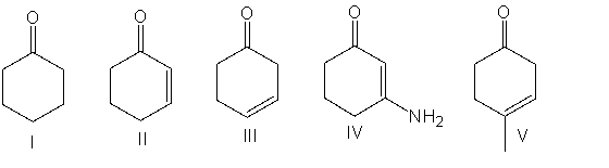 <strong>Which one of the following compounds will have the lowest wavenumber for the carbonyl absorption?  </strong> A) I B) II C) III D) IV E) V <div style=padding-top: 35px> 