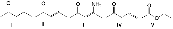<strong>Which one of the following compounds will have the lowest wavenumber for the carbonyl absorption?  </strong> A) I B) II C) III D) IV E) V <div style=padding-top: 35px> 