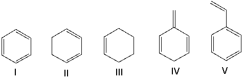 <strong>Which one of the following compounds will have the highest wavenumber for the C=C absorption?  </strong> A) I B) II C) III D) IV E) V <div style=padding-top: 35px> 