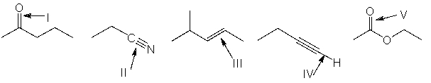 <strong>Rank absorption of the indicated bonds in decreasing (highest to lowest) order of wavenumber.  </strong> A) I > V > II > IV > III B) IV > II > I > V > III C) II > I > V > III > IV D) IV > I > V > II > III E) IV > II > V > I > III <div style=padding-top: 35px> 