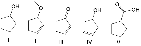 <strong>Which of the following compounds will show a broad absorption near 3300 cm<sup>-1</sup> and a sharp absorption at 1650 cm<sup>-1</sup>?  </strong> A) I B) II C) III D) IV E) V <div style=padding-top: 35px> 