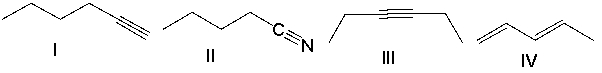 <strong>Which of the following compounds will show two sharp absorptions, one at 3300 cm<sup>-1</sup> and one at 2150 cm<sup>-1</sup>?  </strong> A) I B) II C) III D) IV E) none of these <div style=padding-top: 35px> 