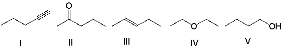 <strong>Which of the following compounds will show absorptions at 1640 cm<sup>-1</sup>, 2950 cm<sup>-1 </sup>and 3050 cm<sup>-1</sup> on the IR spectrum?  </strong> A) I B) II C) III D) IV E) V <div style=padding-top: 35px> 