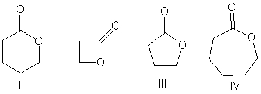 <strong>Which of the following compounds will have the highest wavenumber for carbonyl absorption?  </strong> A) I B) II C) III D) IV <div style=padding-top: 35px> 