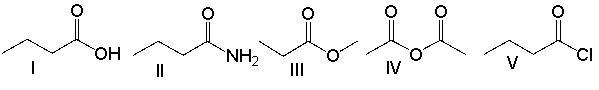 <strong>Which of the following compounds will have absorptions at 1700 cm<sup>-1</sup> and 1320 cm<sup>-1</sup>?  </strong> A) I B) II C) III D) IV E) V <div style=padding-top: 35px> 