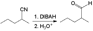 <strong>For the following reaction, which of the following change(s) in the IR spectrum is consistent with conversion of the reactant to the product?  </strong> A) absorption at 2250 cm<sup>-1</sup> should disappear B) absorption at 3200-3400 cm<sup>-1</sup> and 1720cm<sup>-1</sup> should appear C) absorption at 2250 cm<sup>-1</sup> should disappear, new absorptions at 2600-2800 cm<sup>-1</sup> and 1720 cm<sup>-1 </sup>should appear. D) absorption at 2250 cm<sup>-1</sup> should disappear, a new absorption around 3400 cm<sup>-1</sup> should appear. E) none of these <div style=padding-top: 35px> 