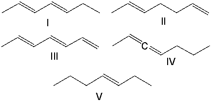 <strong>Which of the following compounds is an isolated diene? </strong> A) I B) II C) III D) IV E) V