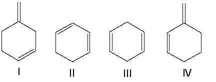 <strong>Identify the conjugated diene(s). </strong> A) I B) II C) III D) IV E) II & IV