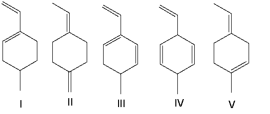 <strong>Which of the following compounds have conjugated double bonds? </strong> A) II and V B) II, IV, and V C) I and III D) I, III, and IV E) all of them