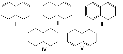 <strong>Which of the following compounds have isolated double bonds? </strong> A) II and IV B) III and V C) I, III, and V D) I and V E) I and III