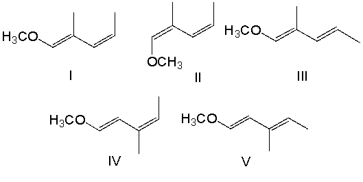 <strong>Provide the structure for (1E,3Z)-1-methoxy-2-methyl-1,3-pentadiene. </strong> A) I B) II C) III D) IV E) V