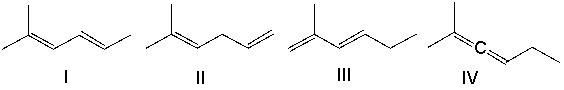 <strong>Which one of the following dienes is least stable? </strong> A) I B) II C) III D) IV