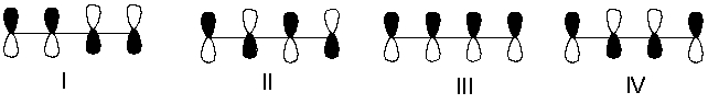 <strong>Which one of the following represents the lowest energy \pi -bonding molecular orbital of 1,3-butadiene? </strong> A) I B) II C) III D) IV