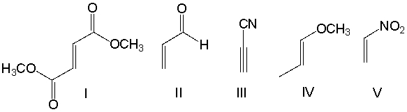 <strong>Which one of the following dienophiles is least reactive in the Diels-Alder reaction? </strong> A) I B) II C) III D) IV E) V