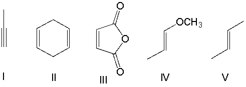 <strong>Which one of the following dienophiles is most reactive in the Diels-Alder reaction? </strong> A) I B) II C) III D) IV E) V
