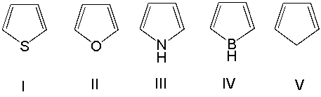 <strong>Which one of the following compounds is antiaromatic? </strong> A) I B) II C) III D) IV E) V