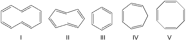 <strong>Identify the structure that is not an annulene. </strong> A) I B) II C) III D) IV E) V