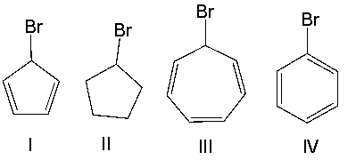 <strong>Which one of the following compounds will undergo the fastest S<sub>N</sub>1 reaction? Explain your choice. </strong> A)I B)II C)III D)IV