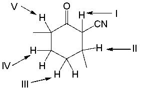 <strong>Which is the most acidic hydrogen in the following compound? </strong> A) I B) II C) III D) IV E) V