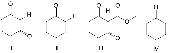 <strong>Arrange the following indicated hydrogens in decreasing order (most to least) of acidity. </strong> A) I > II > III > IV B) IV > II > III > I C) III > II > I > IV D) II > I > III > IV E) III > I > II > IV