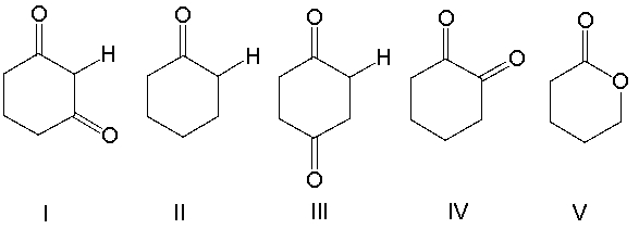 <strong>Which one of the following compounds is most likely to favor the enol tautomer over the ketone tautomer? </strong> A) I B) II C) III D) IV E) V