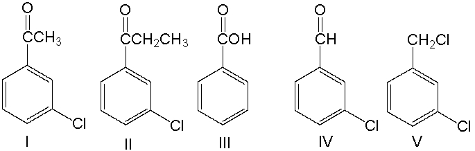 <strong>Provide the reactant that would yield m-chlorobenzoic acid using the haloform reaction. </strong> A) I B) II C) III D) IV E) V