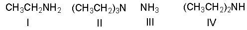 <strong>Arrange the following compounds in decreasing (strongest to weakest) order of basicity. </strong> A) I > III > II > IV B) II > III > I > IV C) IV > II > I > III D) IV > III > II > I E) II > I > IV > III
