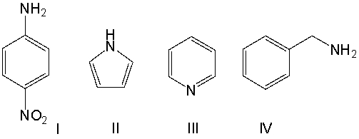 <strong>Arrange the following compounds in increasing (weakest to strongest) order of basicity. </strong> A) IV < II < I < III B) III < II < IV < I C) II < I < III < IV D) II < III < I < IV E) None of the above