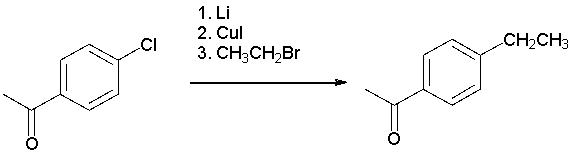 <strong>The following synthesis is not likely to work. Which of the following explains why? </strong> A) Lithium cannot react with aryl halides to form organolithium compounds. B) CH<sub>3</sub>CH<sub>2</sub>Br does not do cross coupling in Corey-Posner/Whitesides-House reactions. C) The cuprate formed would react with the ketone. D) The organolithium formed would react with the ketone.