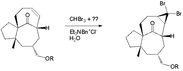 <strong>A total synthesis of ingenol utilized a dibromocyclopropanation via a carbene intermediate (J. Am. Chem. Soc. 2002, 124, 9726). What key type of reagent is missing from the reaction conditions? </strong> A) Bronsted Acid B) Bronsted Base C) radical initiator D) Lewis Acid catalyst