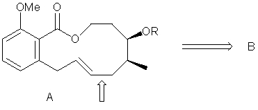 Macrocyle A was formed by a two- step process involving a hydroboration of an alkene in B followed by an intramolecular Suzuki coupling of a vinyl iodide in B to form the indicated bond below. What is the structure of B? (Org. Lett. 2002, 4, 2205).