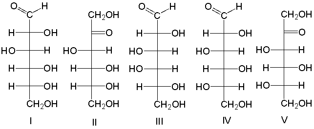 <strong>Which of the following is an L-aldohexose? </strong> A) I B) II C) III D) IV E) V