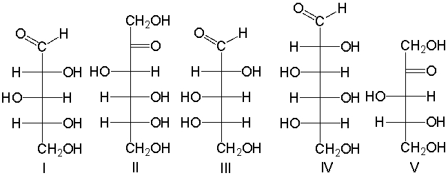 <strong>Which of the following is a D-aldopentose? </strong> A) I B) II C) III D) IV E) I and V