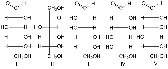 <strong>Which of the following is a L-hexose? </strong> A) I B) II C) III D) IV E) V