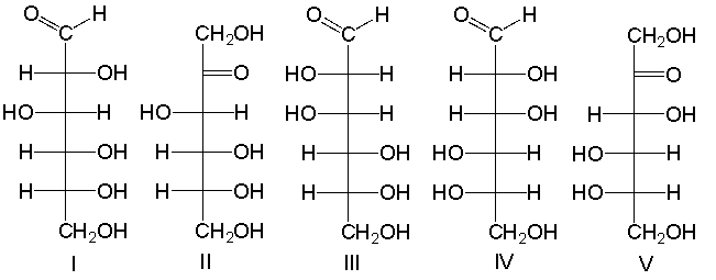 <strong>Which one of the following is the correct structure for L-fructose? </strong> A) I B) II C) III D) IV E) V