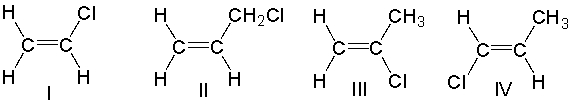 <strong>Which one of the following monomers will produce poly(vinyl chloride)? </strong> A) I B) II C) III D) IV E) none of these