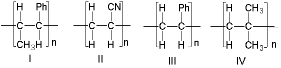 <strong>Which one of the following is the correct structure for polystyrene? </strong> A) I B) II C) III D) IV E) none of these