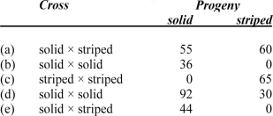 Assume that you have a garden and some pea plants have solid leaves and others have striped leaves.You conduct a series of crosses [(a)through (e)] and obtain the results given in the table.Define gene symbols and give the possible genotypes of the parents of each cross.  <div style=padding-top: 35px> 