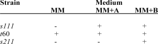 The accompanying table is a set of experimental results relating the growth (+)of Neurospora on several media (MM = minimal medium).Based on the information provided,present the biochemical pathway and the locations of the metabolic blocks.