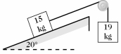 <strong>A 15-kg block is on a frictionless ramp that is inclined at 20° above the horizontal. It is connected by a very light string over an ideal pulley at the top edge of the ramp to a hanging 19-kg block, as shown in the figure. The string pulls on the 15-kg block parallel to the surface of the ramp. Find the magnitude of the acceleration of the 19-kg block after the system is gently released? </strong> A) 4.0 m/s<sup>2</sup> B) 3.8 m/s<sup>2</sup> C) 4.2 m/s<sup>2</sup> D) 4.5 m/s<sup>2</sup>